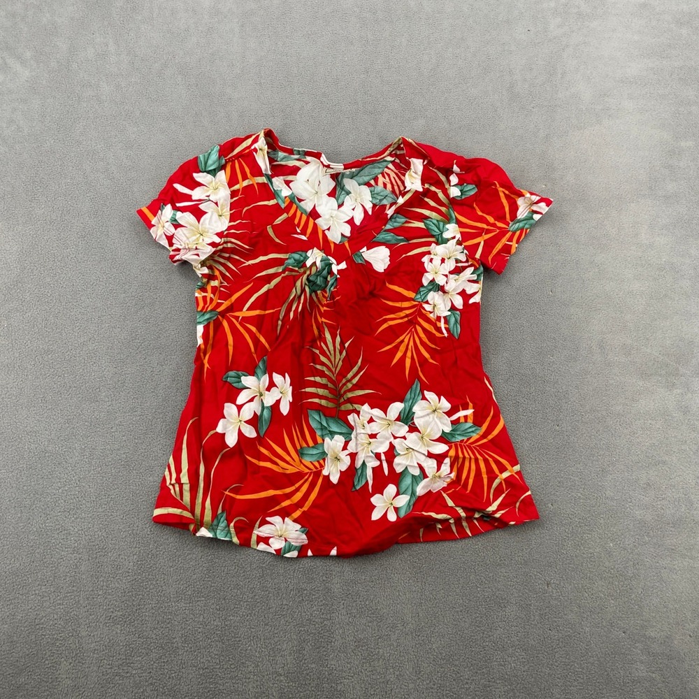 Aloha Hut Hawaii Red Tropical Floral Plumeria V-Neck Short Sleeve Blouse Top